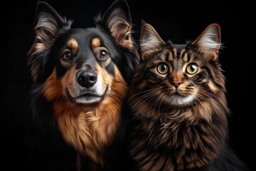 Adorable dog and fluffy cat share a heartwarming moment with focused expressions on a dark backdrop