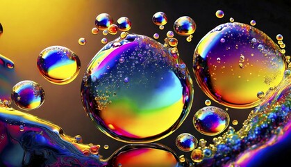 Colourful iridescent plastic bubbles and drops filled with oily liquids, 3D, digital art, AI generated, AI generated