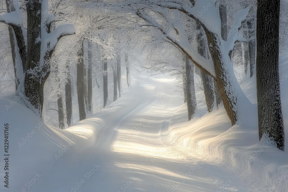Poster Snow-covered path winding through a tranquil forest on a winter morning with soft sunlight filtering through trees