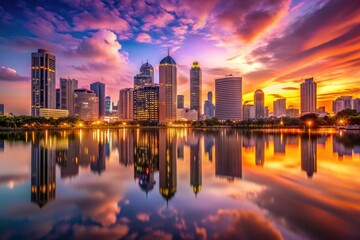 Fototapeta premium Urban night photography captures a serene dusk: city lights mirrored in tranquil waters.