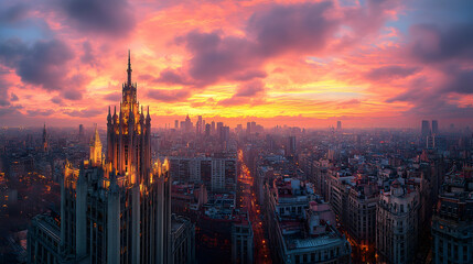Obraz premium Cityscape sunset, dramatic sky, gothic architecture, aerial view, urban landscape, travel photography