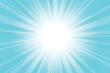 Obraz premium Abstract glowing blue sunburst background. Cyan blue glow effect sunburst background for presentation, banner, poster, flyer, sales. Modern pop art poster for summer and spring.