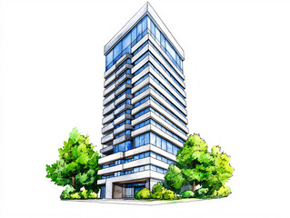 Modern urban residential building surrounded by lush greenery in a clear sky setting