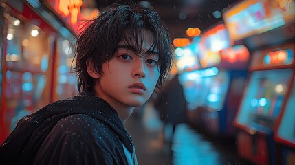 Obraz premium A young man with wet hair stands in a brightly lit arcade, looking directly at the camera.