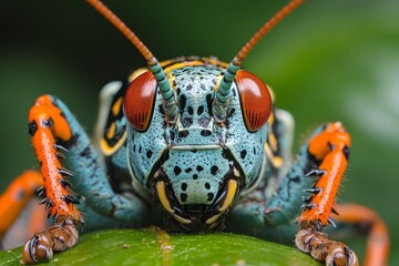 Fototapeta premium Colorful grasshopper perched on a green leaf in a tropical environment during daylight hours