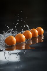 Fresh Oranges Splashing into Water Under Dramatic Lighting with Reflective Surface, Vibrant and Refreshing Citrus Fruit Concept, 