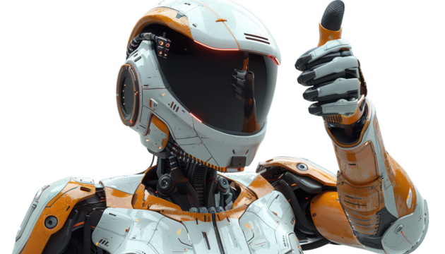 Poster with a robot woman giving thumbs up isolated on transparent background - Powered by Adobe