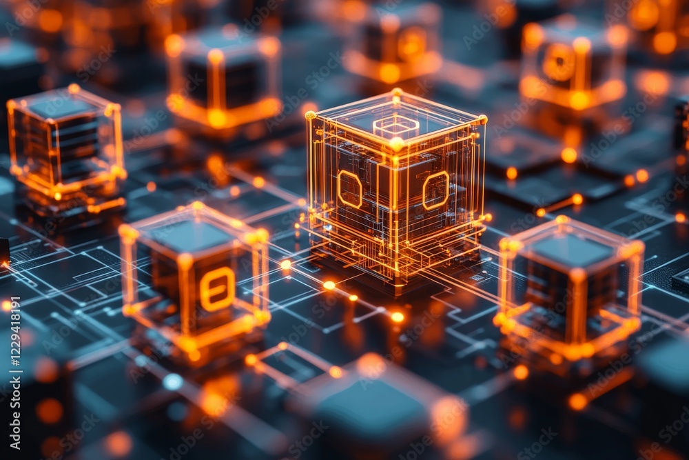 Aufkleber futuristic digital cubes glowing on a technology-inspired circuit board in a virtual environment