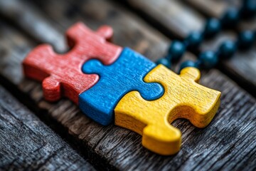 Colorful wooden puzzle pieces arranged on a rustic wooden surface in natural light