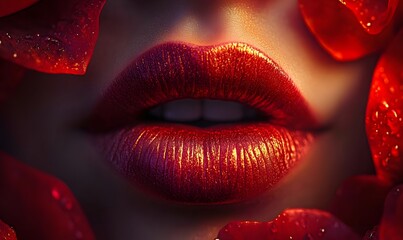 Fototapeta premium Red lips, rose petals, beauty, close-up, romantic, outdoor, sunset, advertising