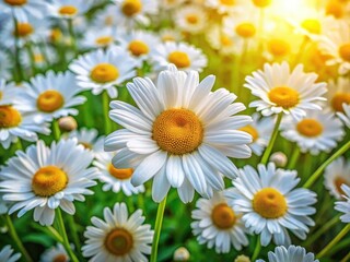 Fototapeta premium White daisies burst forth, their yellow hearts glowing in a vibrant aerial view of a sun-drenched spring meadow.