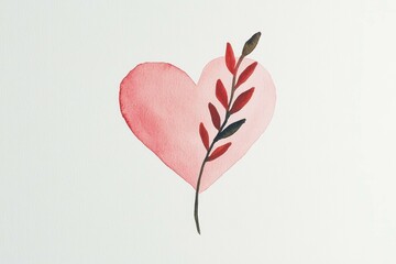 Watercolor heart illustration with leaves, perfect for romantic and love themed designs, featuring soft pink and green hues ideal for seasonal decorations