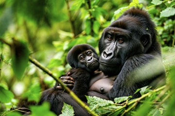 Naklejka premium A mother gorilla (Gorilla) lovingly holds her young in the dense foliage, AI generated, AI generated