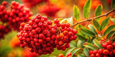 Fototapeta premium Wild Rowan berries burst with autumn color, a fiery red jewel against the fall foliage.