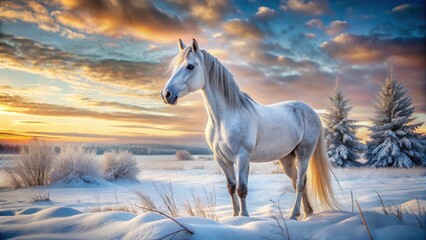 Winter's embrace: a regal white horse in a snowy field, photographed with stunning depth of field.