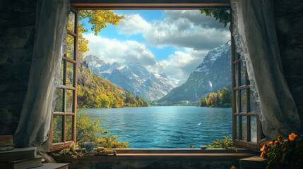 Mountain lake views scenery nature landscape green tree view window scenic decor house design interior ideas wallpaper backdrop