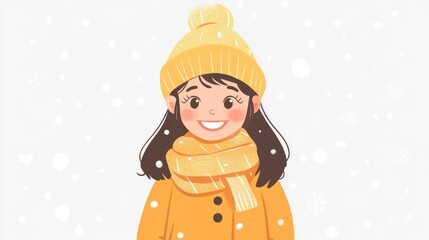A cute girl in winter clothes smiling happily, showcasing a childâ€™s fashion concept.