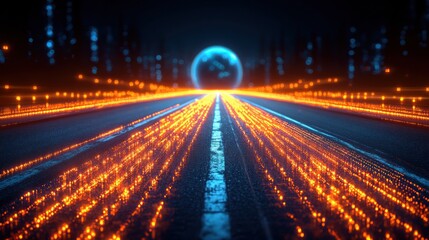 Futuristic highway, glowing data streams, cityscape background, digital globe