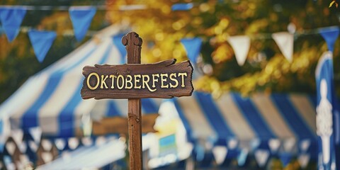 Banner with wooden sign with text 'Oktoberfest' at traditional Bavarian German festival. Generative AI, AI generated