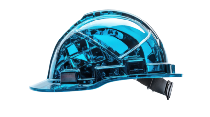 Futuristic transparent hard hat protecting construction workers on transparent background. Transparent background