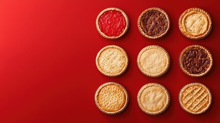 Pie day concept. Playful Arrangement of Pies Forming Digits on Red Background