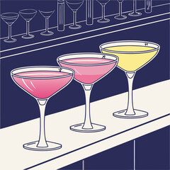  Gradient-Enhanced Martini Glasses with Colorful Drinks on a Glossy Bar