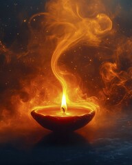 A single lit candle with an artistic flame emanating a fiery glow against a dark background, AI generated