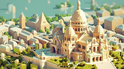 Obraz premium Cheerful illustration of the Sacré-Cœur Basilica in Montmartre with surrounding stylized buildings, Paris, illustration, AI generated