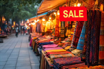Obraz premium Vibrant Arabic market scene with colorful textiles displayed under sale sign outdoors