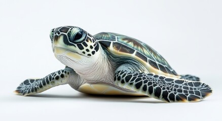 Obraz premium Realistic depiction of a sea turtle showcasing intricate detailing and lifelike features against a clean white background ideal for wildlife and marine photography