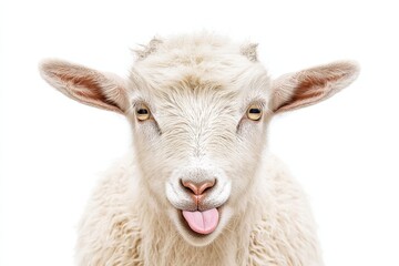 Fototapeta premium A playful white goat is sticking its tongue out against white