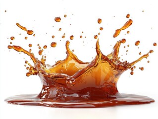 Brown liquid splashing on white background, crown-shaped, for beverage ads