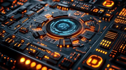 Futuristic tech circuit board, data processing