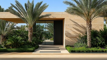 Modern desert villa entrance, palm trees, garden, sunny day, real estate
