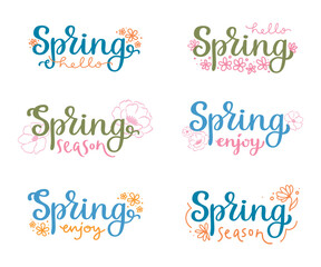 Big set of spring hand lettering phrases with doodle flowers isolated on white background. Vector calligraphy for seasonal greetings. Typography design for sticker, card, web banner, or print.