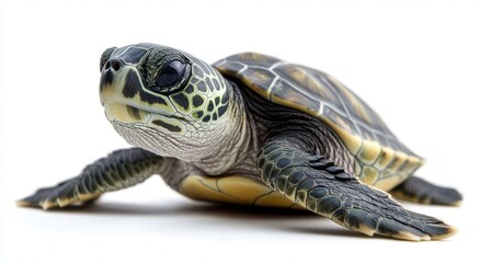 Obraz premium Realistic Sea Turtle on White Background, Close-Up View Capturing Shell Patterns and Textures, Ideal for Marine Life Themes and Environmental Awareness