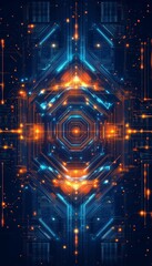 Obraz premium Futuristic Circuit Board, Glowing Blue and Orange, Symmetrical, High Detail, Vector Art Illustration