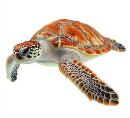 Realistic three-dimensional sea turtle with vivid orange and brown patterns swimming gracefully in clear ocean water against a bright aquatic background