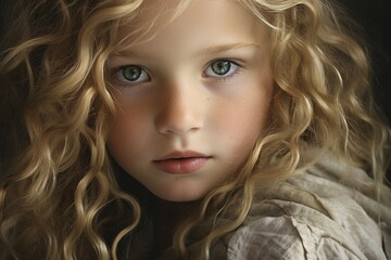 Naklejka premium Young girl child with wavy blond long hair. KI generiert, generiert, AI generated