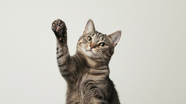 A tabby cat with expressive eyes raises its paw in a poised manner against a gray background, animal ai photo, AI generated