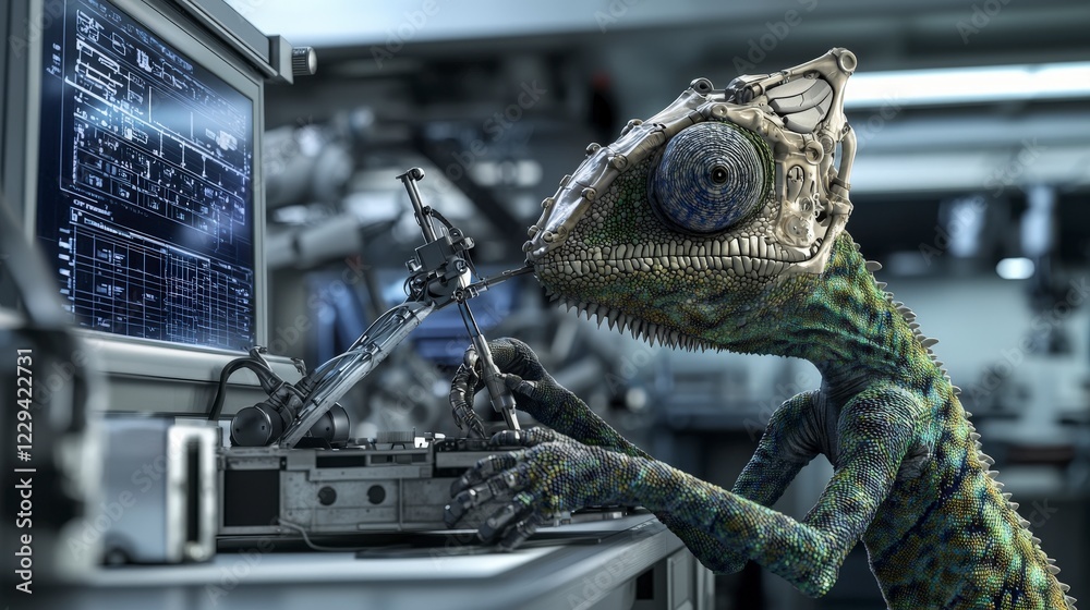 Poster Chameleon robotics scientist innovates advanced technology in laboratory environment for futuristic research development