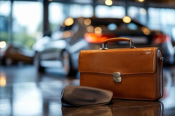 Leather briefcase and sunglasses placed on countertop in modern car dealership during daylight hours