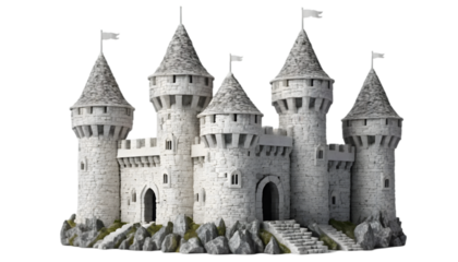 Medieval castle in a city with ancient stone walls, towers, and a historic fortress vibe, set against a blue sky, resembling a European landmark like Karlstejn or Carcassonne