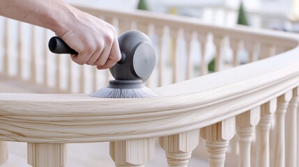 Fototapeta premium Man Sanding Light Wood Balustrade Outdoors