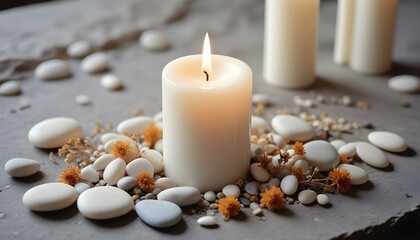 Una vela blanca encendida sobre una mesa con piedras lisas y flores secas al fondo