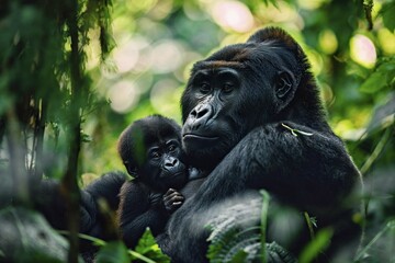 Obraz premium An adult gorilla (gorilla) lovingly hugs a baby gorilla in the jungle, AI generated, AI generated