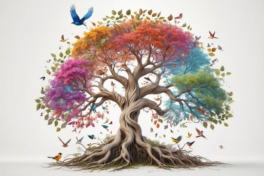 Colorful tree with birds representing four seasons.