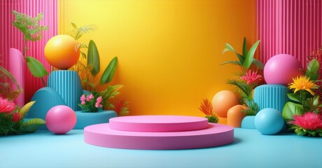 Exhibition podium with lush tropical plants, geometric structures, and vibrant pastel elements. A fusion of nature and modern design creates a fresh, immersive artistic space