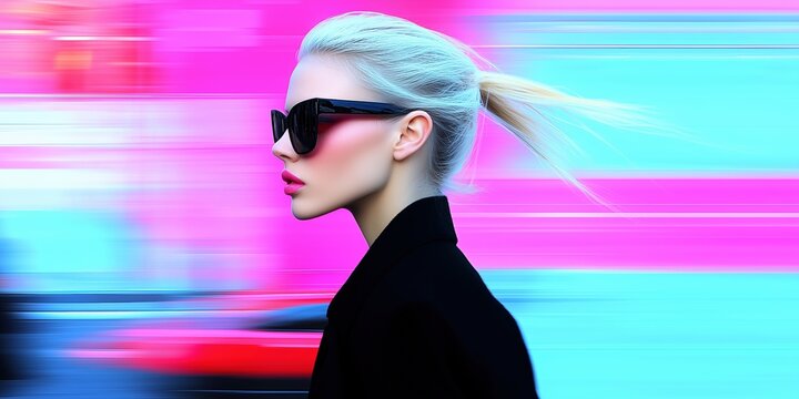 Stylish Blonde Woman in Black Coat and Sunglasses Walking Through Vibrant Neon Cyberpunk City With Motion Blur and Futuristic Aesthetic