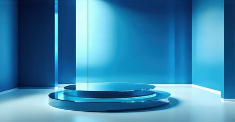 Futuristic showroom with reflective blue glass podium bathed in soft light. Minimalist geometric space with high-contrast shadows, sleek surfaces, and architectural elegance
